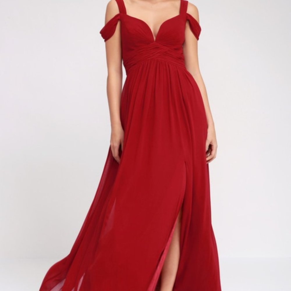 Lulu's Ocean of Elegance Red Off-The-Shoulder Maxi Dress